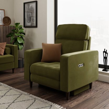 An Image of Zoe Velvet Power Recliner Armchair, Olive Olive