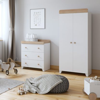 An Image of Little Acorns Classic Oak Effect 3 Drawer Chest and Wardrobe Nursery Set Grey