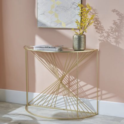 An Image of Liberty Glass and Gold Half Moon Console Table Gold