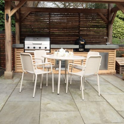 An Image of Porto 4 Seater Round Dining Set with Stacking Chairs Champagne