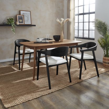 An Image of Karla Rectangular Extendable Dining Table with Oskar Black Stained Ivory Boucle Dining Chairs