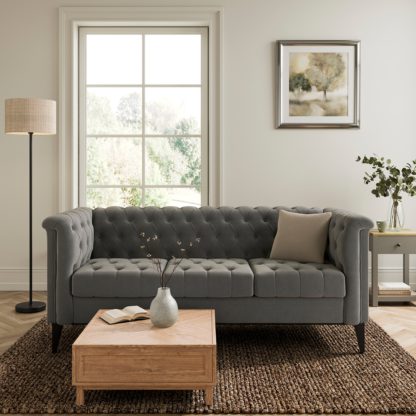 An Image of Nellie Velvet Buttoned 3 Seater Sofa Steeple Grey