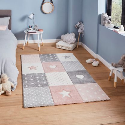 An Image of Pink Stars, Hearts and Polka Dot Rug Pink