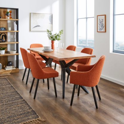 An Image of Oadby Rectangular Dining Table with Eddie Orange Umber Boucle Dining & Carver Chairs