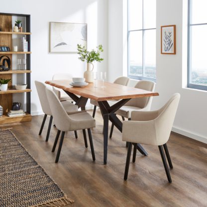 An Image of Oadby Rectangular Dining Table with Eddie Orange Umber Boucle Dining & Carver Chairs