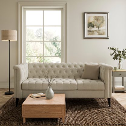 An Image of Nellie Faux Linen Buttoned 3 Seater Sofa Natural