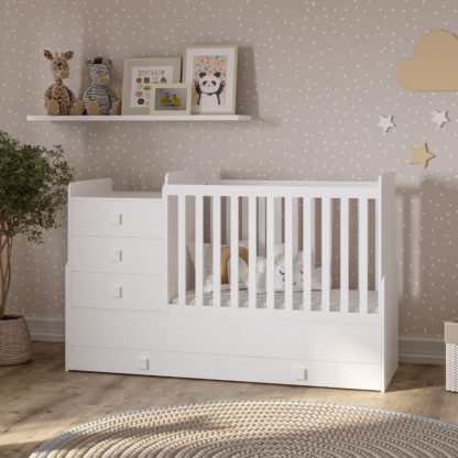 An Image of Kudl – Cot – 1200 Combi 4-in-1 Cot Bed – White – Wooden - Happy Beds