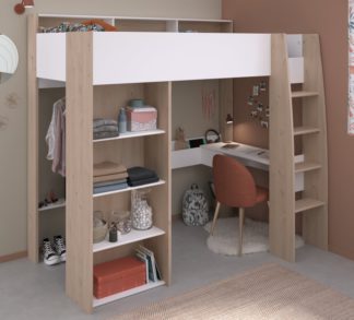 An Image of Shelter - EU Single - Storage High Sleeper with Built-In Wardrobe, Desk and Shelving - White/Oak - Wooden - EU3FT - Happy Beds