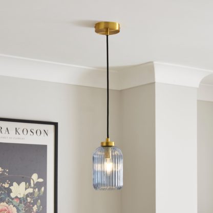 An Image of Riley Industrial Ribbed Adjustable Pendant Light Navy