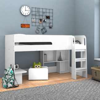 An Image of Kudl - Single – Mid Sleeper with Mini-Desk, Bookcase and Toybox - White - Wooden - 3ft