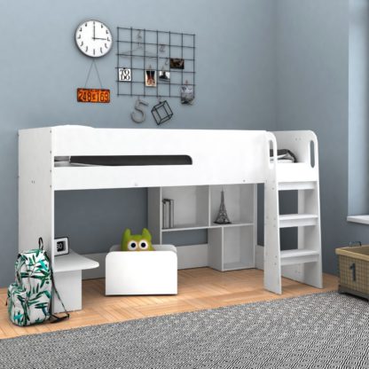 An Image of Kudl - Single – Mid Sleeper with Mini-Desk, Bookcase and Toybox - White - Wooden - 3ft