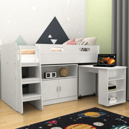 An Image of Kudl White Mid Sleeper with Desk and Cupboard - 3ft Single