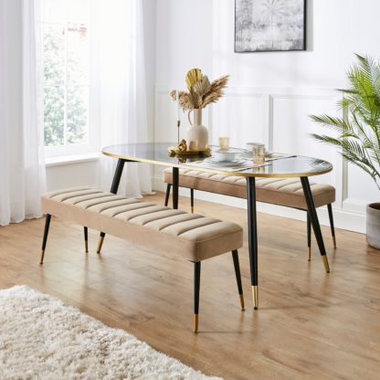 An Image of Sylvia Oval Dining Table with Sylvia Black Velvet Dining Benches