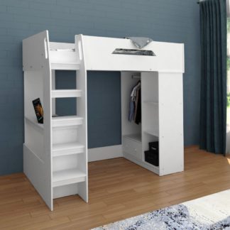 An Image of Kudl - Single – High Sleeper with Desk, Storage and Hanging Area - White - Wooden – 3ft – Happy Beds