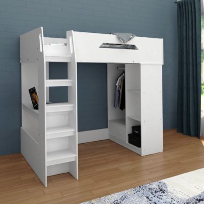 An Image of Kudl - Single – High Sleeper with Desk, Storage and Hanging Area - White - Wooden – 3ft – Happy Beds