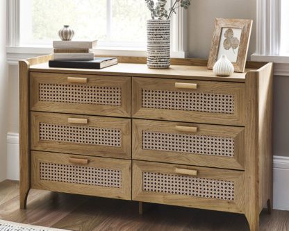 An Image of Sydney – Rattan Wide 6 Drawer Chest of Drawers – Oak – Wooden – Happy Beds