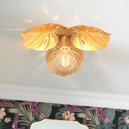 An Image of Indi Leaf Bathroom Flush Ceiling Light Gold