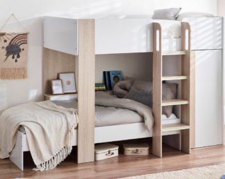 An Image of Horizon – Single – Storage Bunk Bed with Shelving and Wardrobe – White/Pale Wood – Wooden – 3ft - Happy Beds