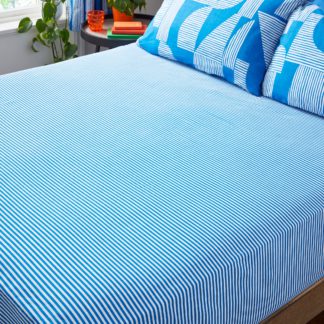 An Image of Elements Stripe 100% Cotton Fitted Sheet Blue