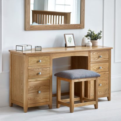 An Image of Mallory – 6-Drawer Double Pedestal Dressing Table and Stool – Oak/Grey – Wooden/Fabric - Happy Beds