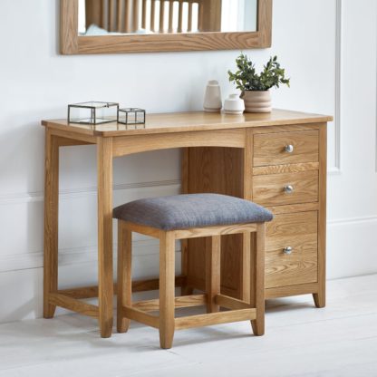 An Image of Mallory – 3-Drawer Single Pedestal Dressing Table and Stool – Oak/Grey – Wooden/Fabric - Happy Beds