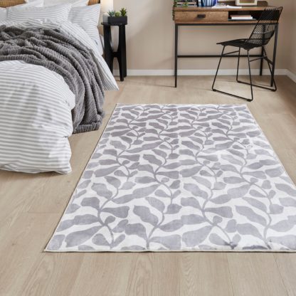 An Image of Folia Leaf Washable Rug Grey