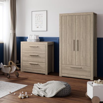 An Image of Little Acorns Ellesmere 3 Drawer Chest and Wardrobe Nursery Set Truffle Oak