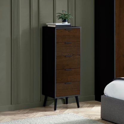 An Image of Alba – 5-Drawer Narrow Chest of Drawers – Walnut and Black – Lacquered MDF - Happy Beds