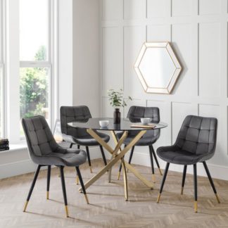 An Image of Montero Round Glass Top Dining Table with 4 Hadid Chairs