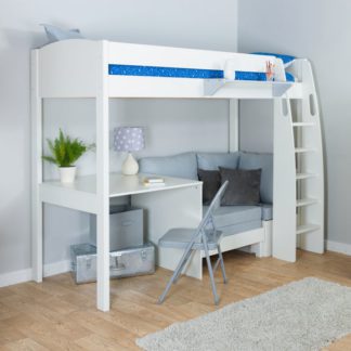 An Image of Stompa Uno High Sleeper with Corner Sofa And Fixed Desk, Pine