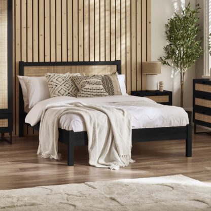 An Image of Padstow - Double - Rattan Bed - Black - Wooden - 4ft6 - Happy Beds