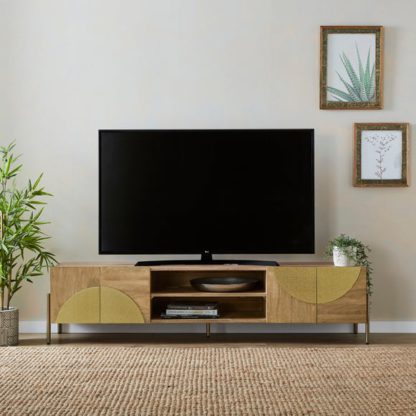 An Image of Zaneta Extra Wide TV Unit for TVs up to 80", Mango Wood and Brass