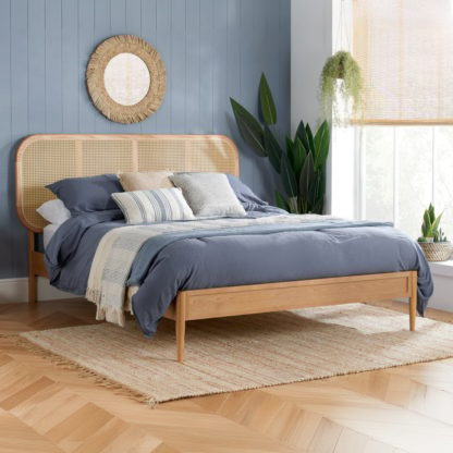 An Image of Elina – Double – Low Foot-End Rattan Bed - Oak – Wooden – 4ft6 - Happy Beds