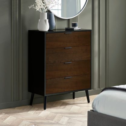 An Image of Alba – 4-Drawer Wide Chest of Drawers – Walnut and Black – Lacquered MDF - Happy Beds