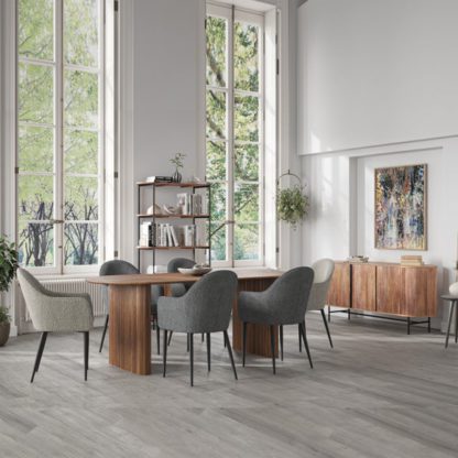 An Image of Indus Valley Zen Dining Table With 6 Boucle Grey Dining Chairs