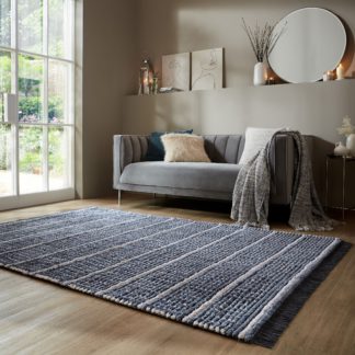 An Image of Ribbed Geometric Striped Shaggy Rug Blue