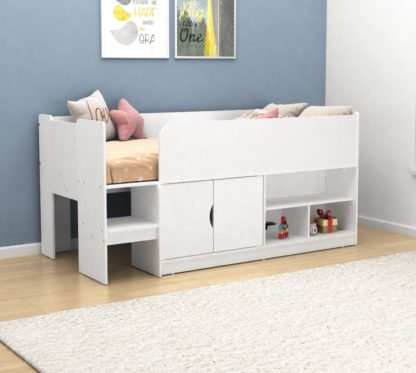 An Image of Kudl – Single – Mid Sleeper with Drawers and Shelves – White – Wooden – 3ft - Happy Beds