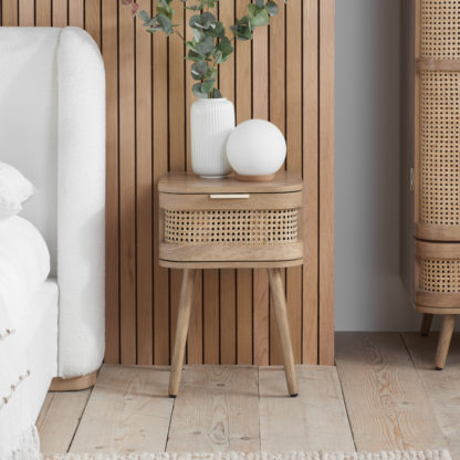 An Image of Noah - 1 Drawer Bedside Table - Oak - Rattan - Wooden