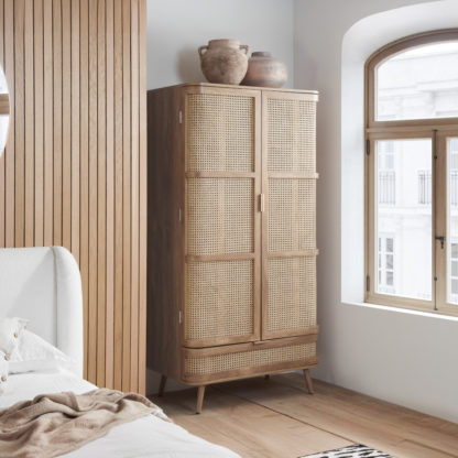 An Image of Noah - 2 Door 1 Drawer Wardrobe - Oak - Rattan - Wooden