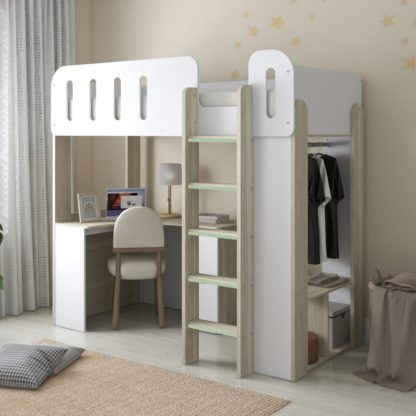 An Image of Eleanor - Single – High Sleeper with Desk, Wardrobe and Storage – White/Pale Wood - Particleboard - 3ft 