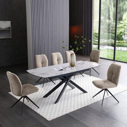 An Image of Indus Valley Aura Extending Dining Table With 6 Pebble Taupe Chairs