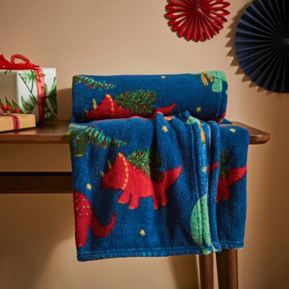 An Image of Dinosaur Christmas Printed Fleece Throw 130cm x 170cm Blue