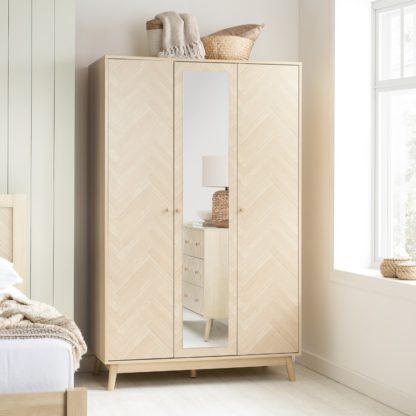 An Image of Herringford – 3 Door Mirror Wardrobe - Oak – Wooden – Happy Beds