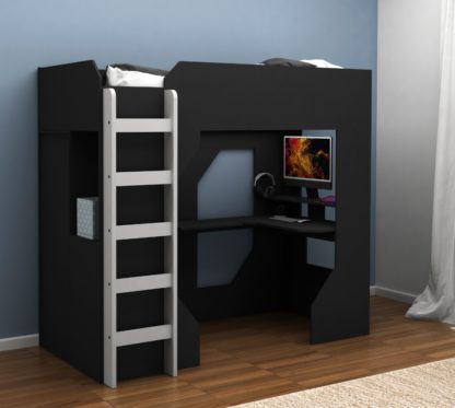 An Image of Kudl – Single – Gaming High Sleeper with Desk, Drawers and Shelves – Black/Grey – Wooden – 3ft - Happy Beds