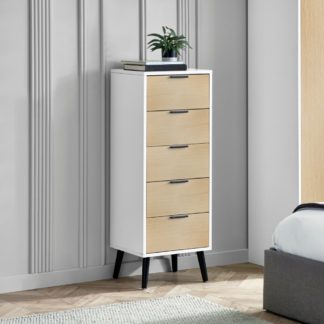 An Image of Alba – 5-Drawer Narrow Chest of Drawers – White and Oak – Lacquered MDF - Happy Beds