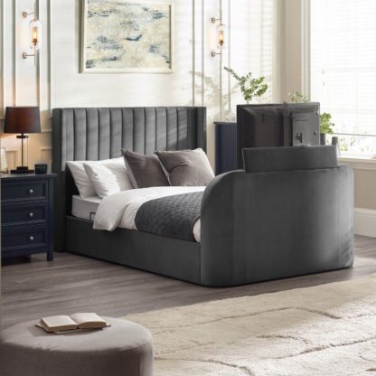 An Image of Clara – King Size – Side-Lift Ottoman TV Bed – Dark Grey – Fabric – 5ft - Happy Beds