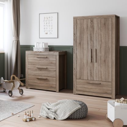 An Image of Little Acorns Ellesmere 3 Drawer Chest and Wardrobe Nursery Set Truffle Oak