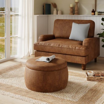 An Image of Medium Round Storage Pouffe, Faux Leather Tan