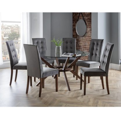 An Image of Chelsea Round Large Dining Table with 6 Madrid Chairs, Brown Glass