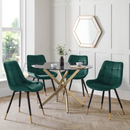 An Image of Montero Round Glass Top Dining Table with 4 Hadid Chairs